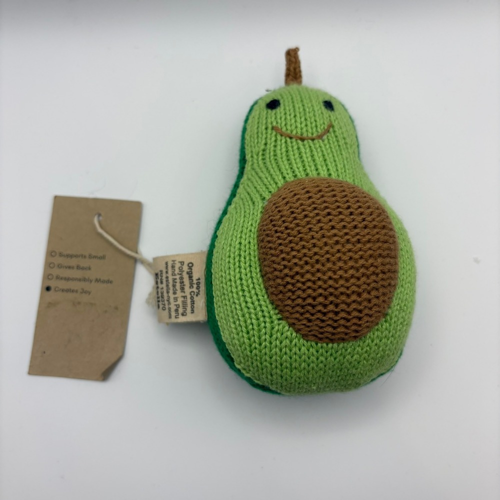 Estella Organic Cotton Avocado Rattle Knit Baby Toy Green Brown‎ Hand Made Peru